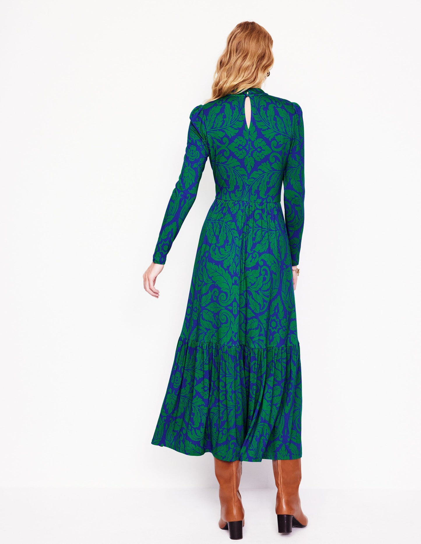 High Neck Tiered Jersey Dress-Rich Emerald, Elaborate Leaf