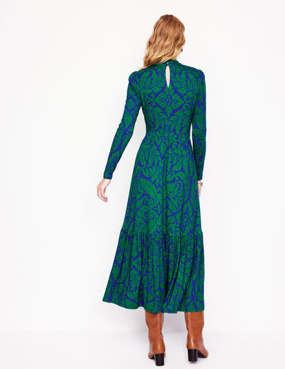 High Neck Tiered Jersey Dress-Rich Emerald, Elaborate Leaf