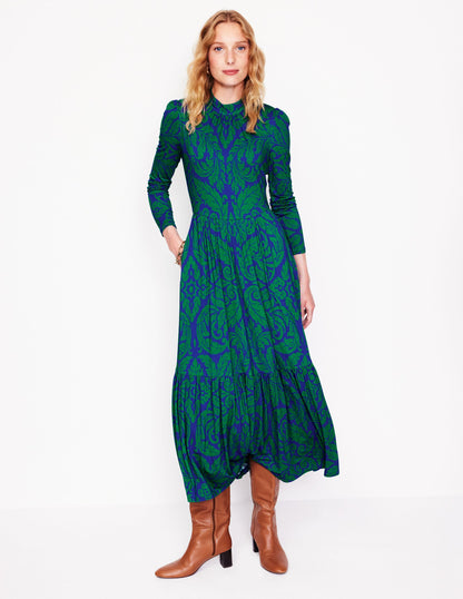 High Neck Tiered Jersey Dress-Rich Emerald, Elaborate Leaf