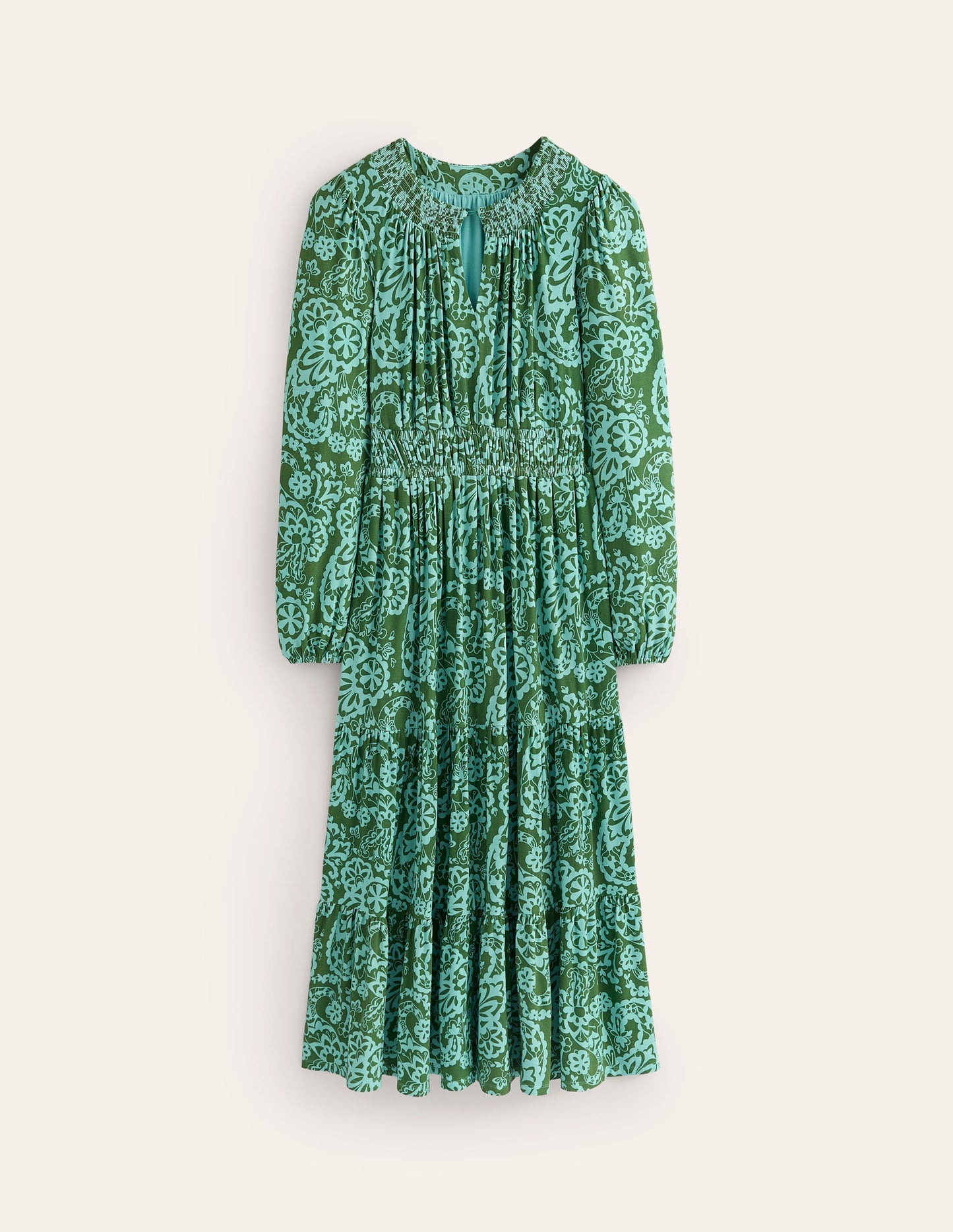 Smock Tiered Jersey Midi Dress-Brook, Paisley Cascade