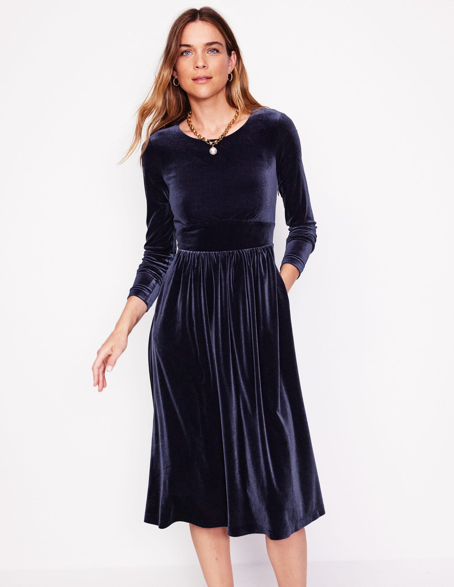 Thea Velvet Jersey Midi Dress-Navy