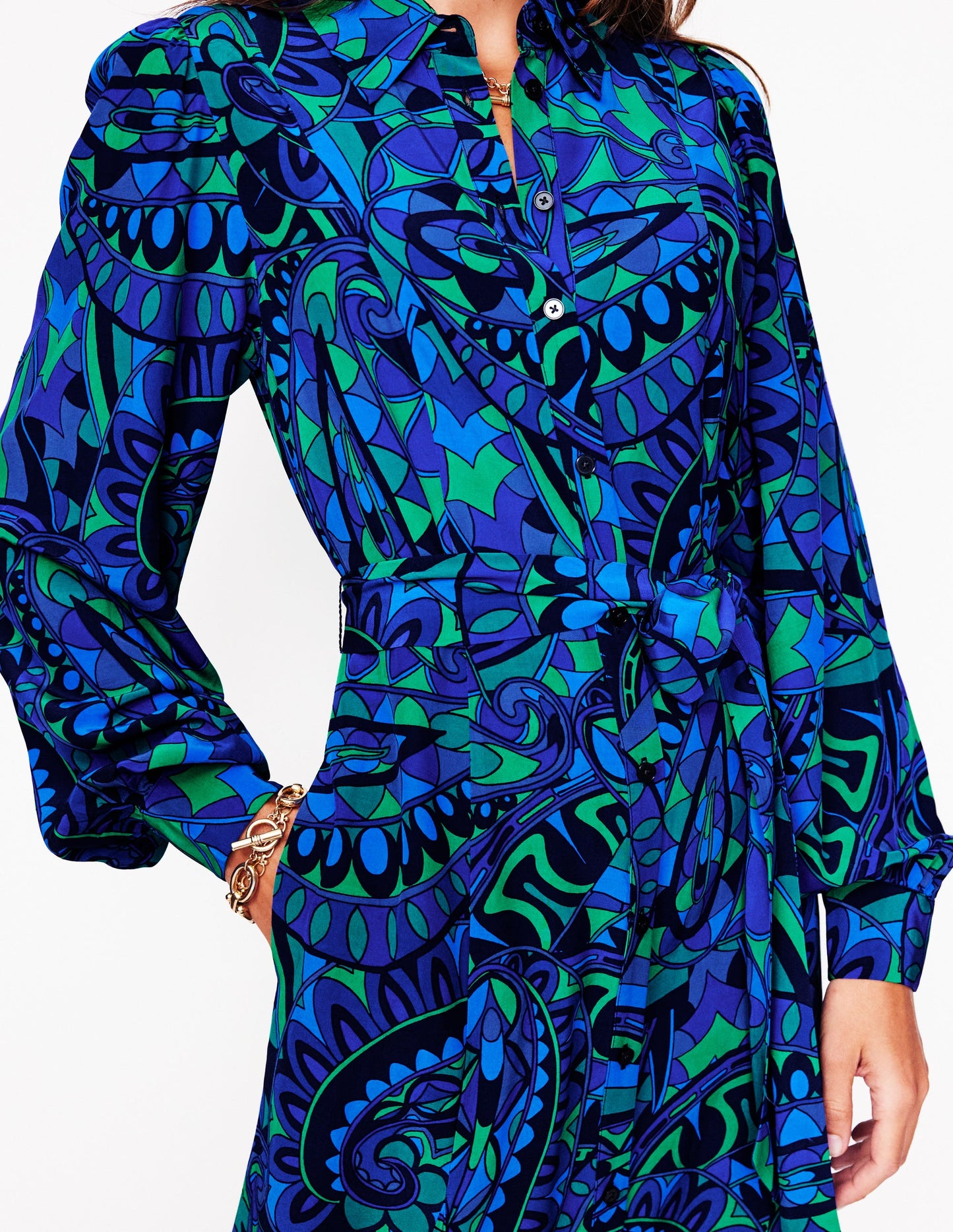 Martha Godet Maxi Shirt Dress-Blue, Kaleidoscopic Paisley