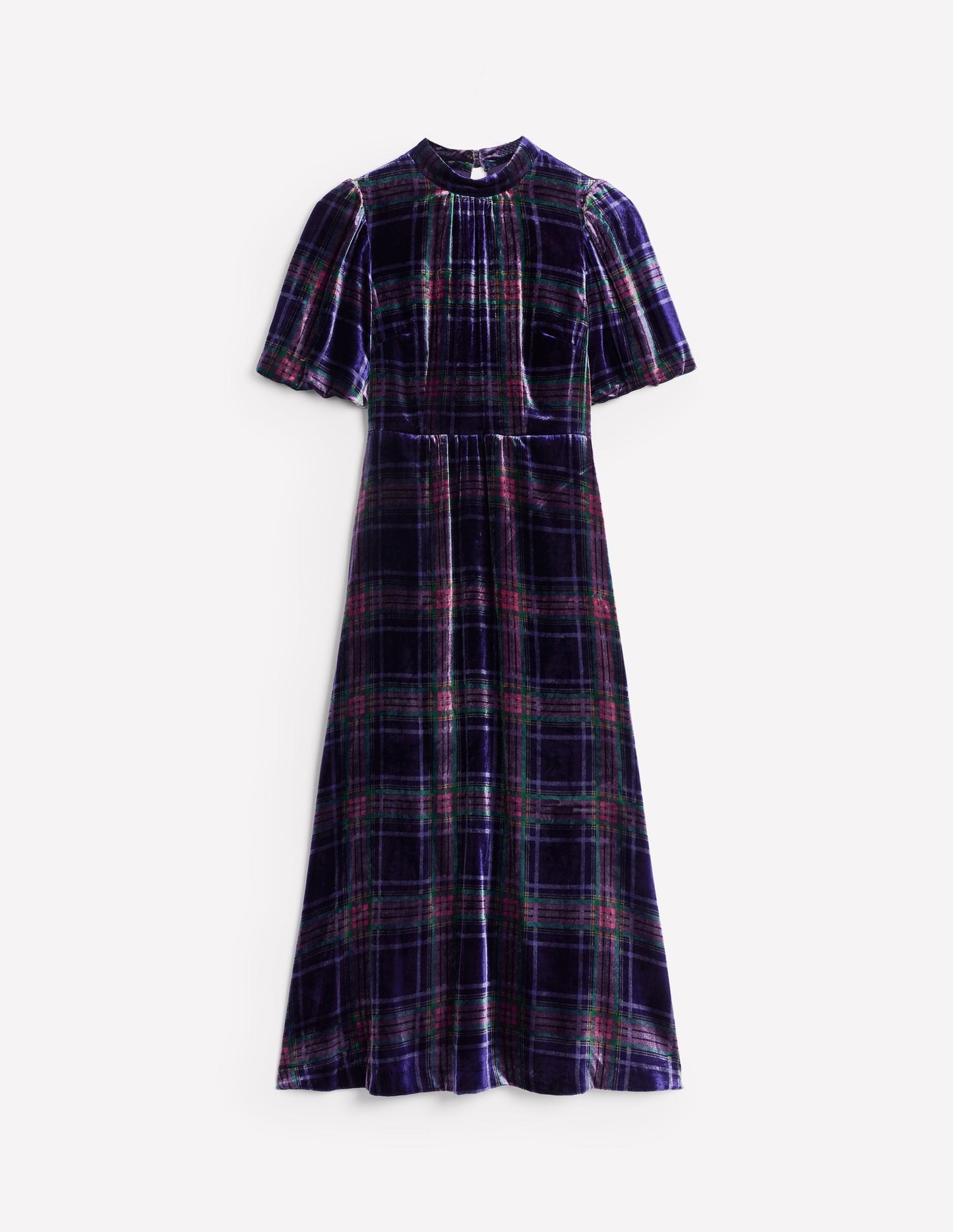 High Neck Velvet Dress-Navy and Red Check