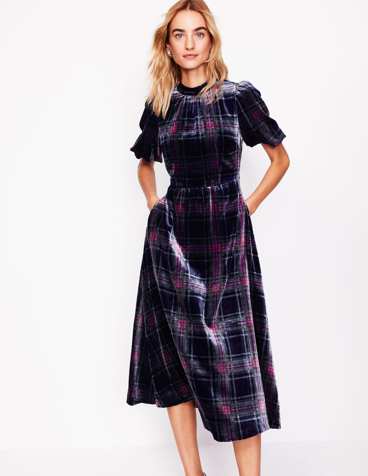 High Neck Velvet Dress-Navy and Red Check