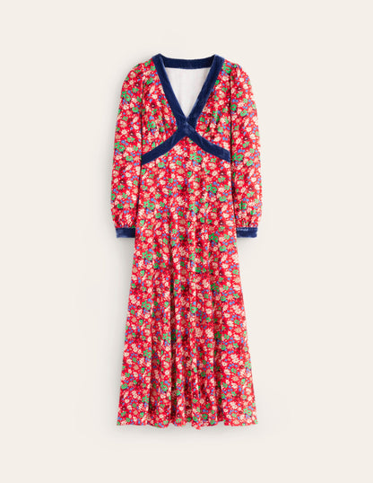 Velvet Trim Maxi Tea Dress-Bright Ruby, Floral Burst