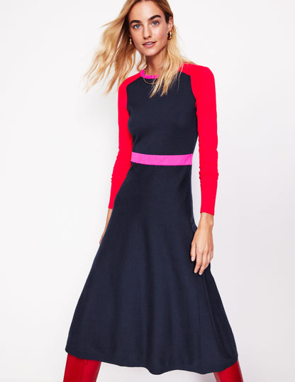 Marta Knitted Midi Dress-Navy, Rouge Colourblock