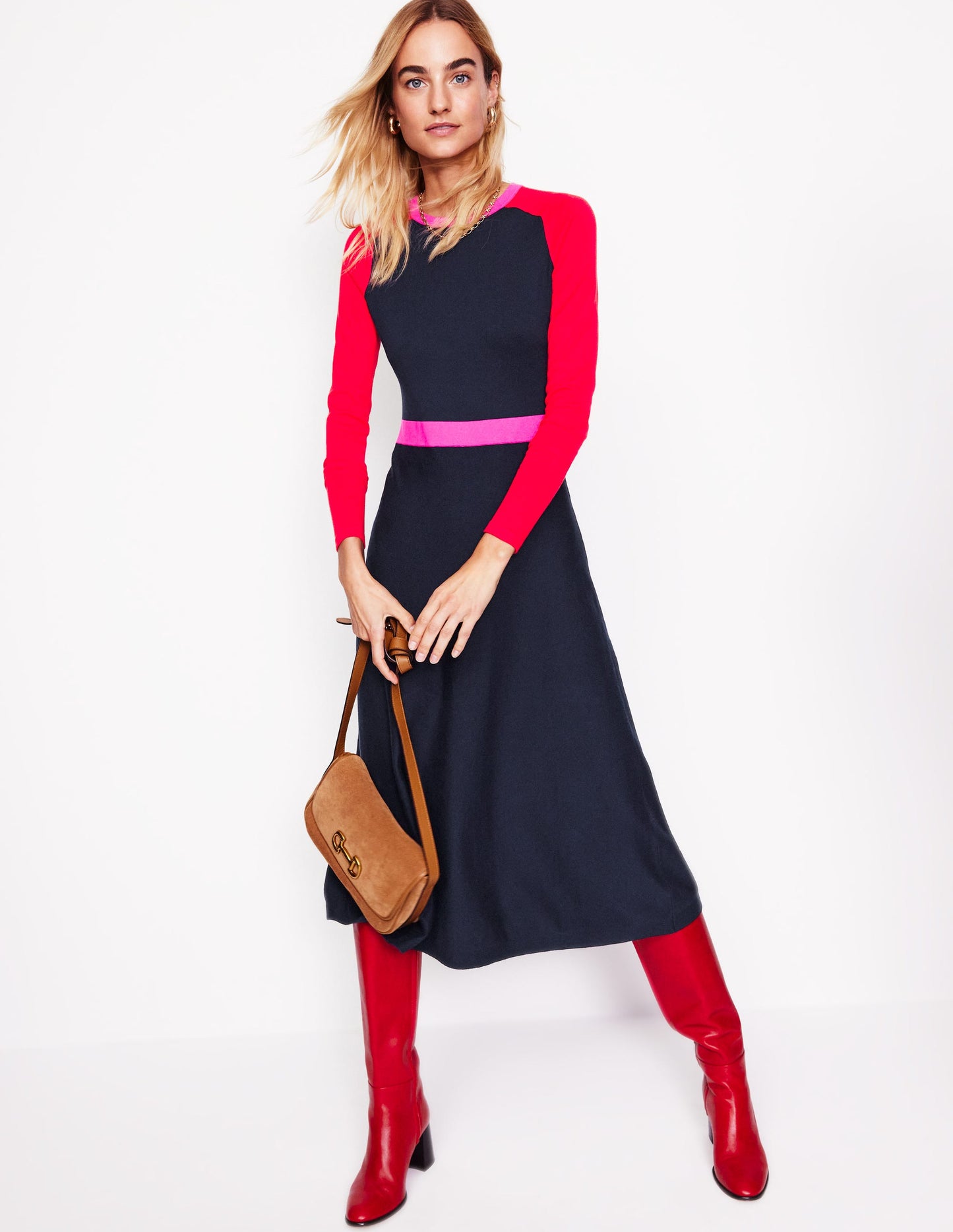 Marta Knitted Midi Dress-Navy, Rouge Colourblock