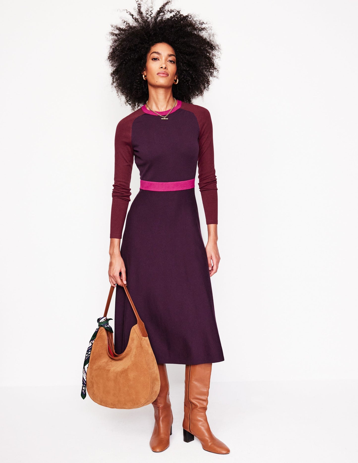 Sam Colourblock Knitted Dress-Aubergine, Maroon Colourblock