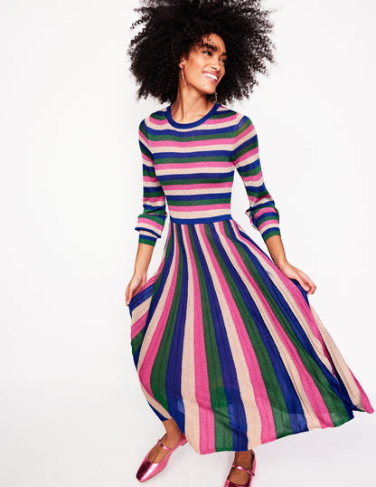 Ribbed Metallic Party Dress-Pink, Green and Gold Stripe