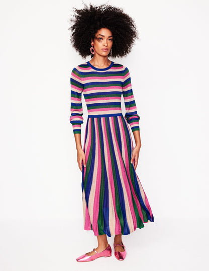 Ribbed Metallic Party Dress-Pink, Green and Gold Stripe