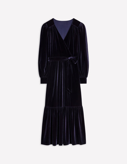 Ophelia Velvet Midi Wrap Dress-Navy