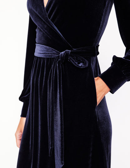 Ophelia Velvet Midi Wrap Dress-Navy