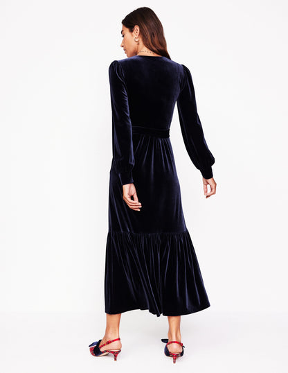 Ophelia Velvet Midi Wrap Dress-Navy