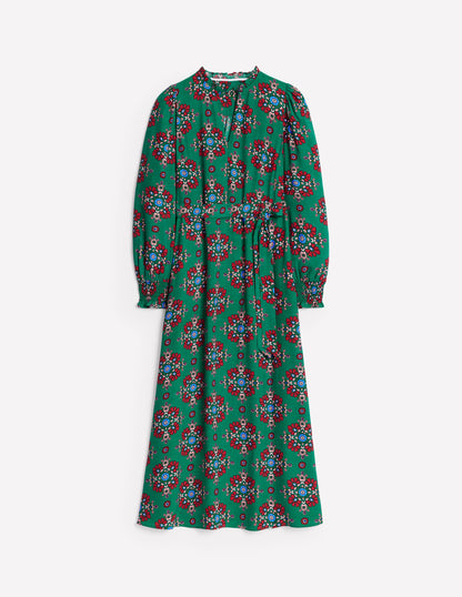 Notch Neck Midi Dress-Green, Adorned Stamp