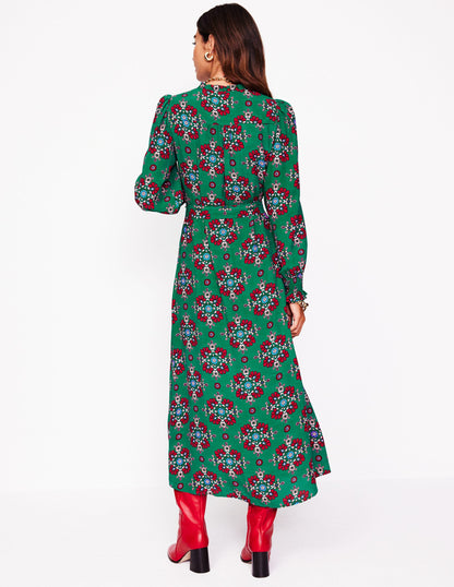 Notch Neck Midi Dress-Green, Adorned Stamp