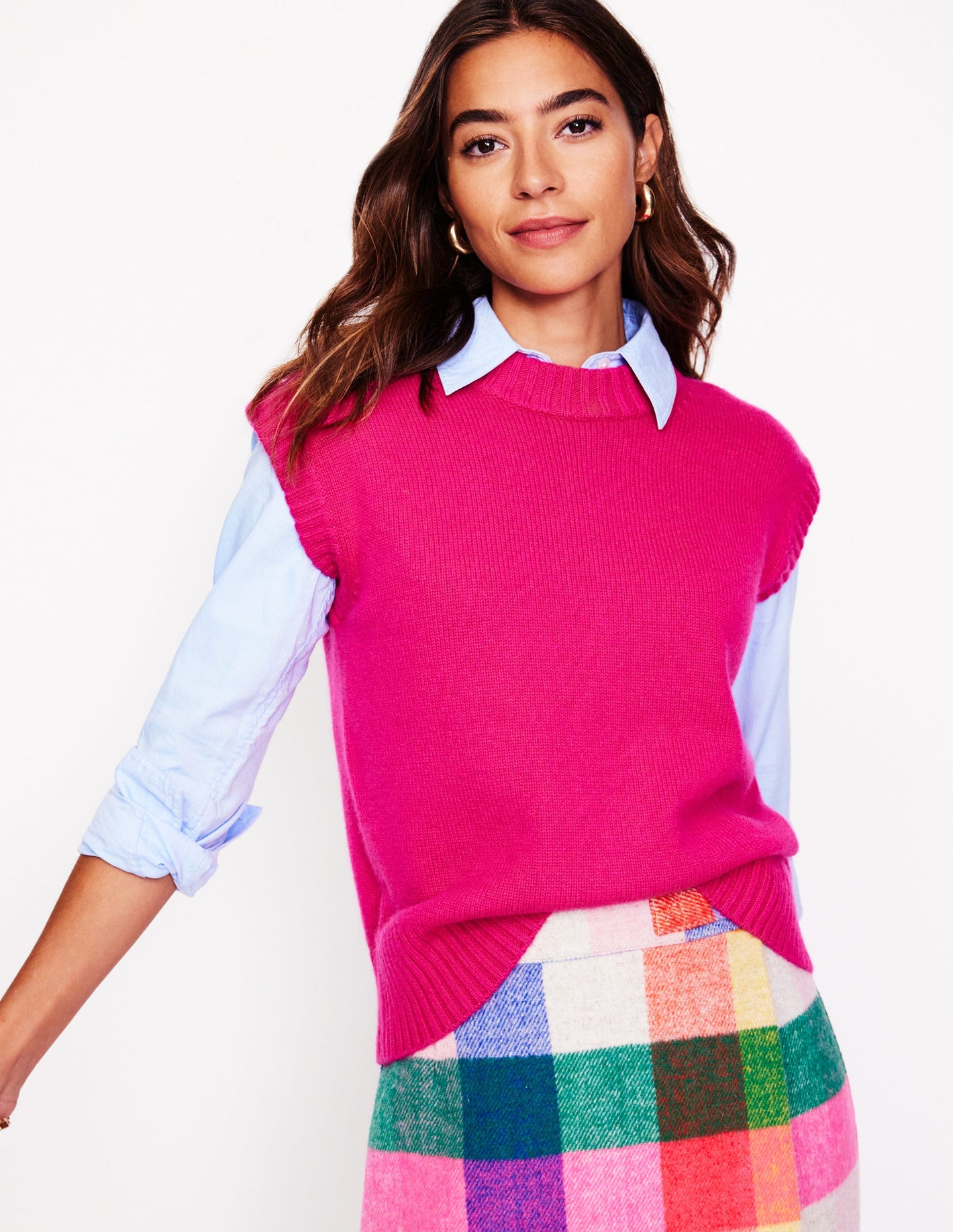 Chunky Cashmere Crew Neck Vest-Bright Pink