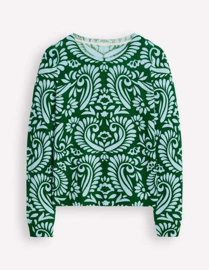 Eva Cashmere Crew Neck Jumper-Pine Green, Decorative Flora