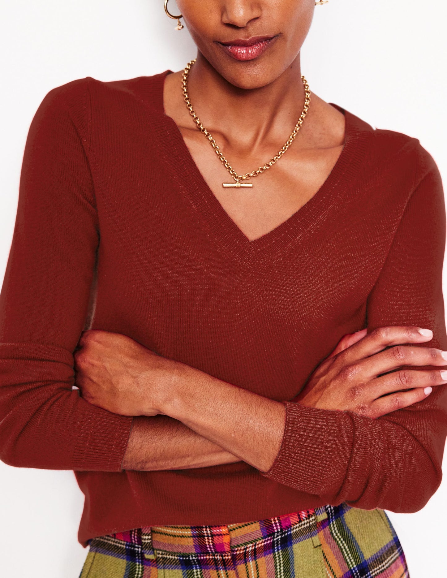 Eva Cashmere V-Neck Sweater-Copper Brown