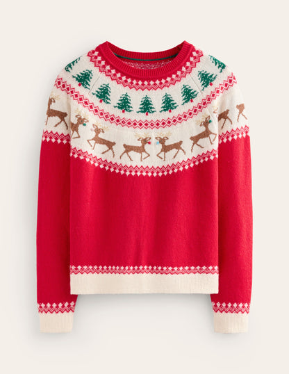 Edie Fair Isle Sweater-Red, Reindeers