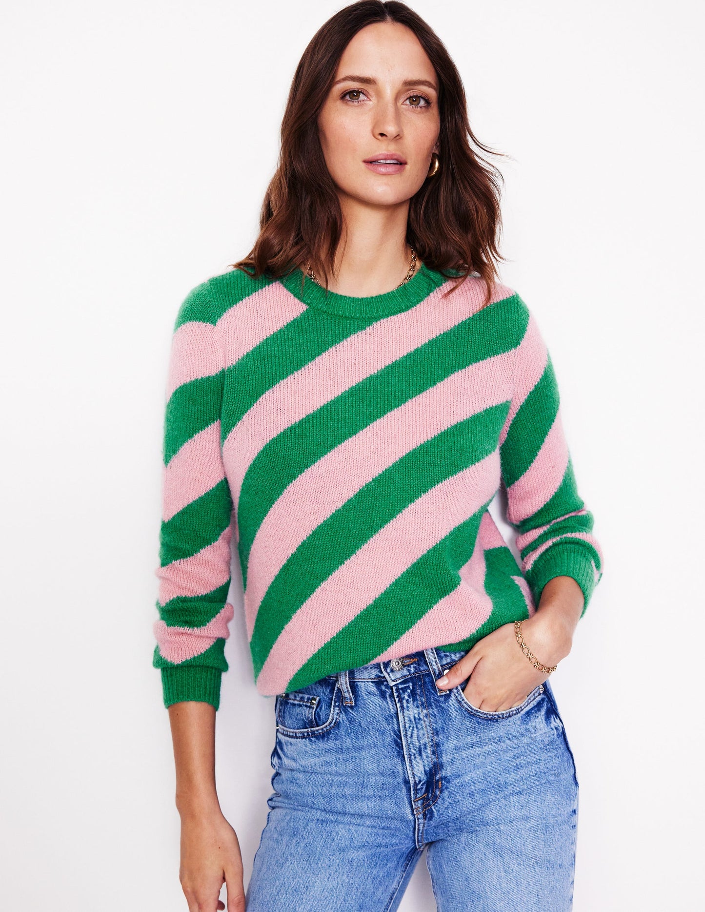 Fluffy Diagonal Stripe Sweater-Party Pink, Rich Emerald Green