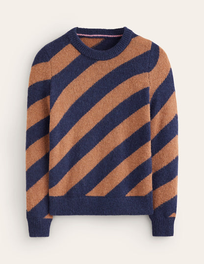 Fluffy Diagonal Stripe Sweater-Camel/ Navy