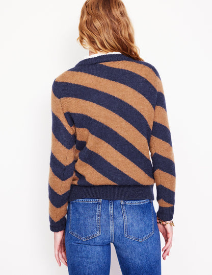 Fluffy Diagonal Stripe Sweater-Camel/ Navy