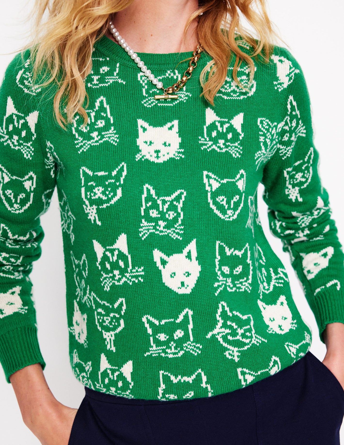 Heather Jacquard Sweater-Rich Emerald Green, Cats