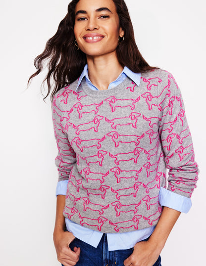 Heather Jacquard Sweater-Grey Marl, Pink Sausage Dog