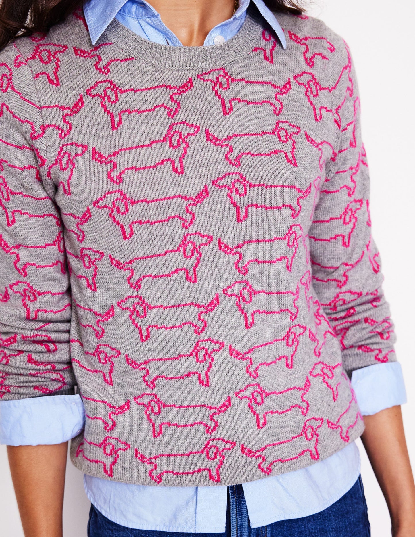 Heather Jacquard Sweater-Grey Marl, Pink Sausage Dog