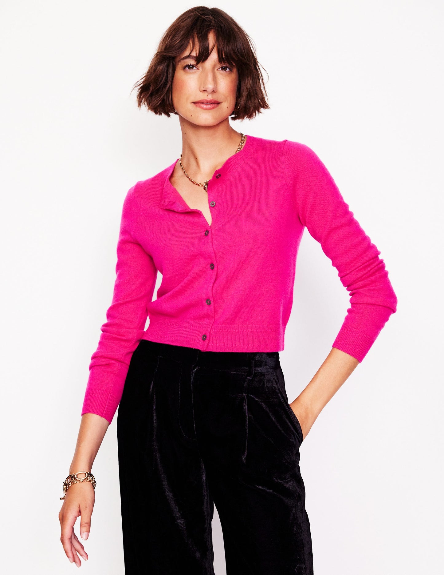 Eva Cashmere Cropped Cardigan-Bright Pink