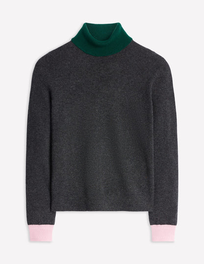 Eva Cashmere Roll Neck Sweater-Charcoal Melange, Colour Block