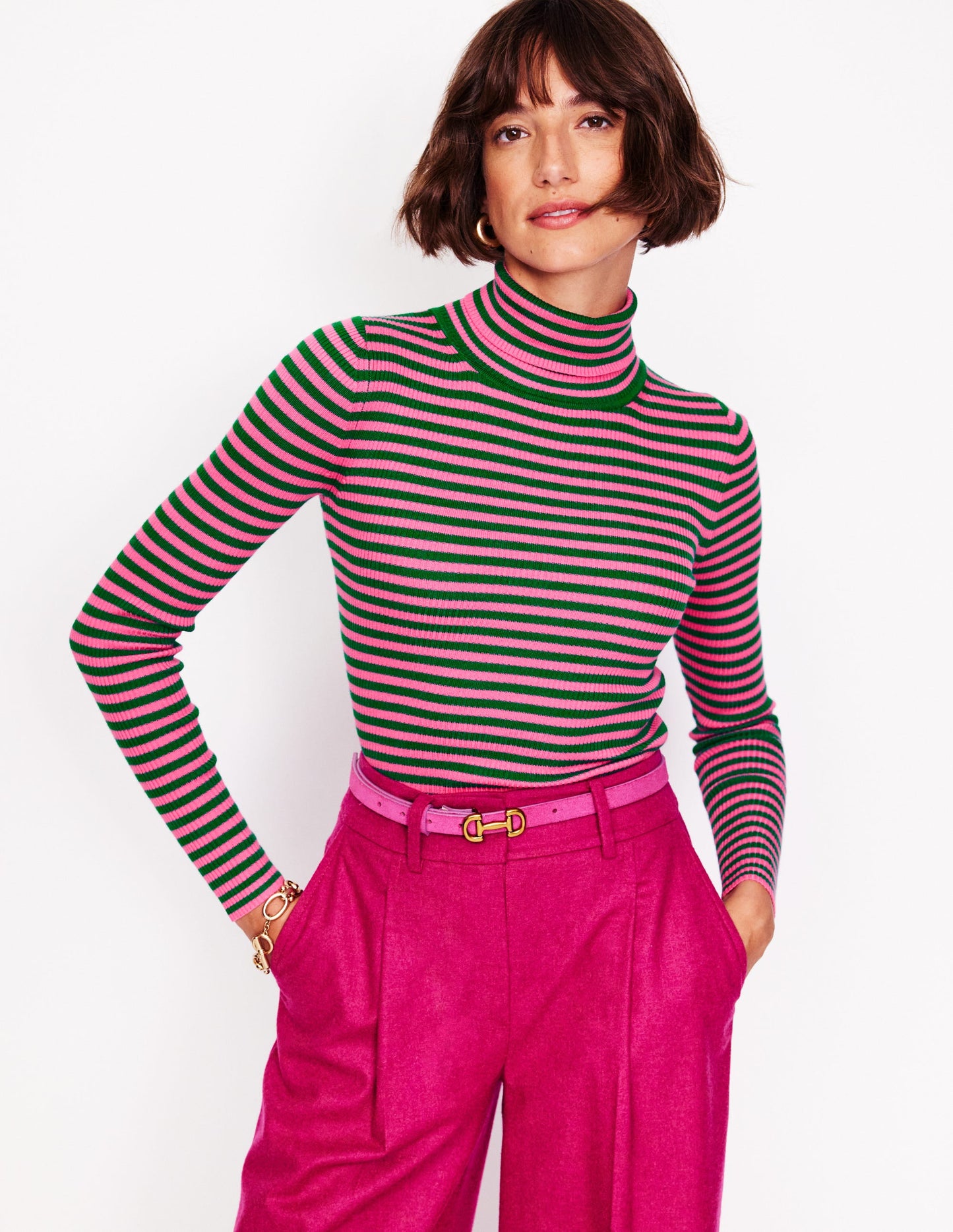 Catriona Roll Neck Jumper-Carmine Rose, Malachite Green