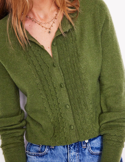 Scallop Sleeve Cardigan-Oregano Green