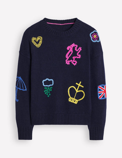 Novelty Embroidered Sweater-Navy, British Icons