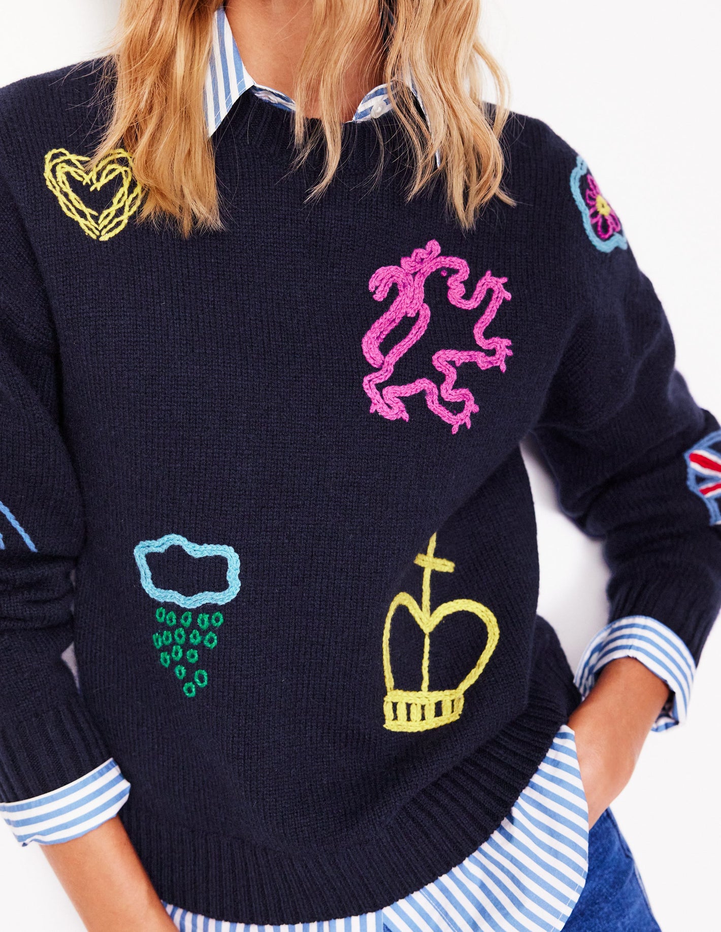 Novelty Embroidered Sweater-Navy, British Icons