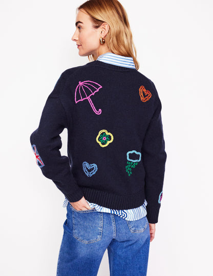 Novelty Embroidered Sweater-Navy, British Icons