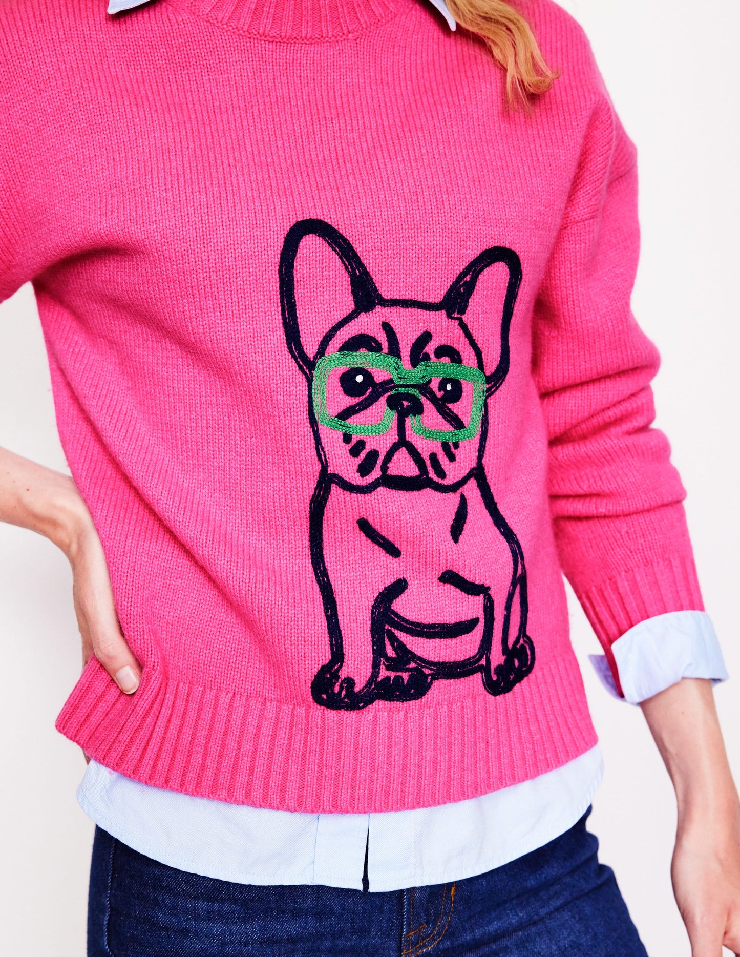 Novelty Embroidered Sweater-Party Pink, Bulldog