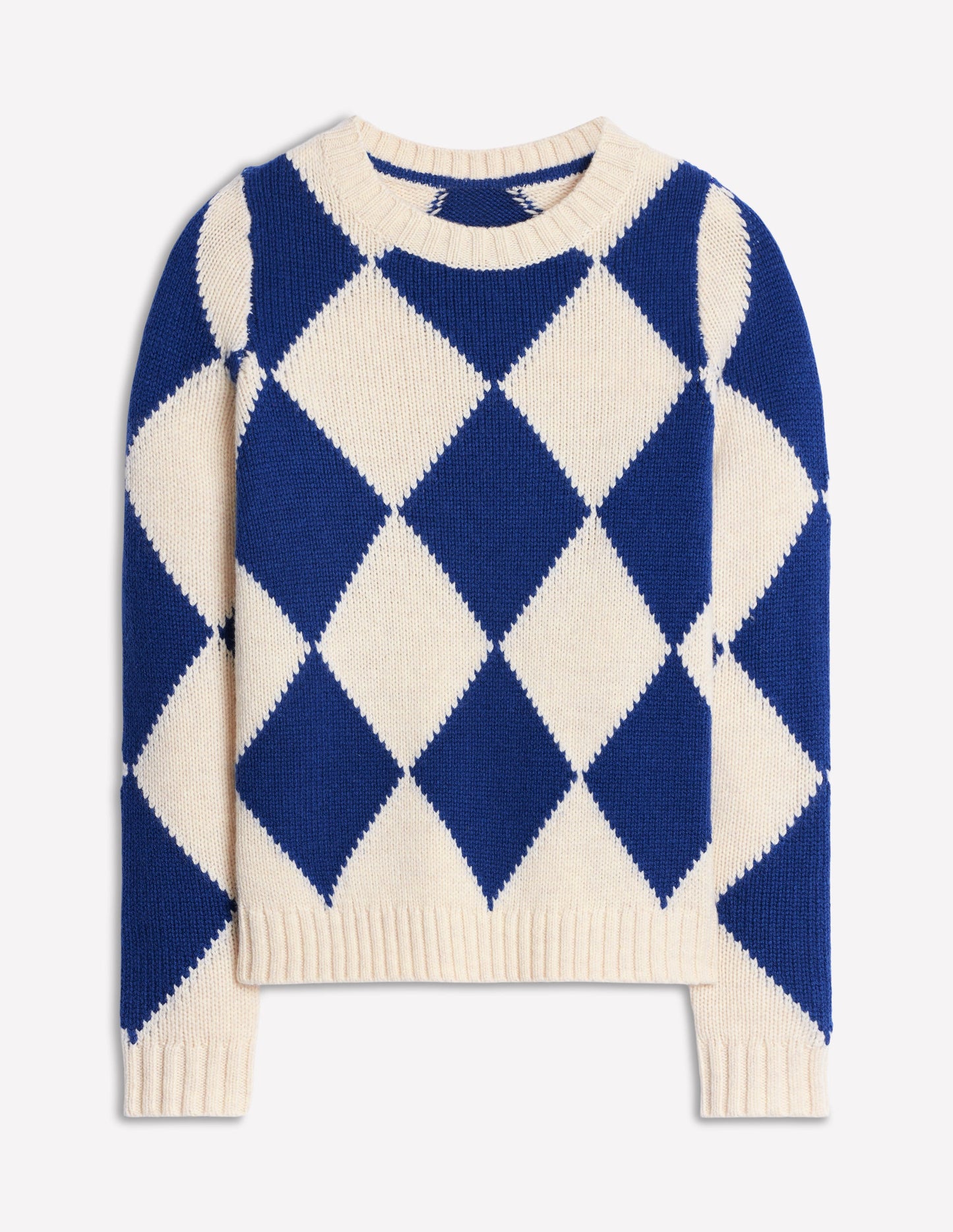 Argyle Crew Neck Sweater-Ecru Marl, Bright Blue