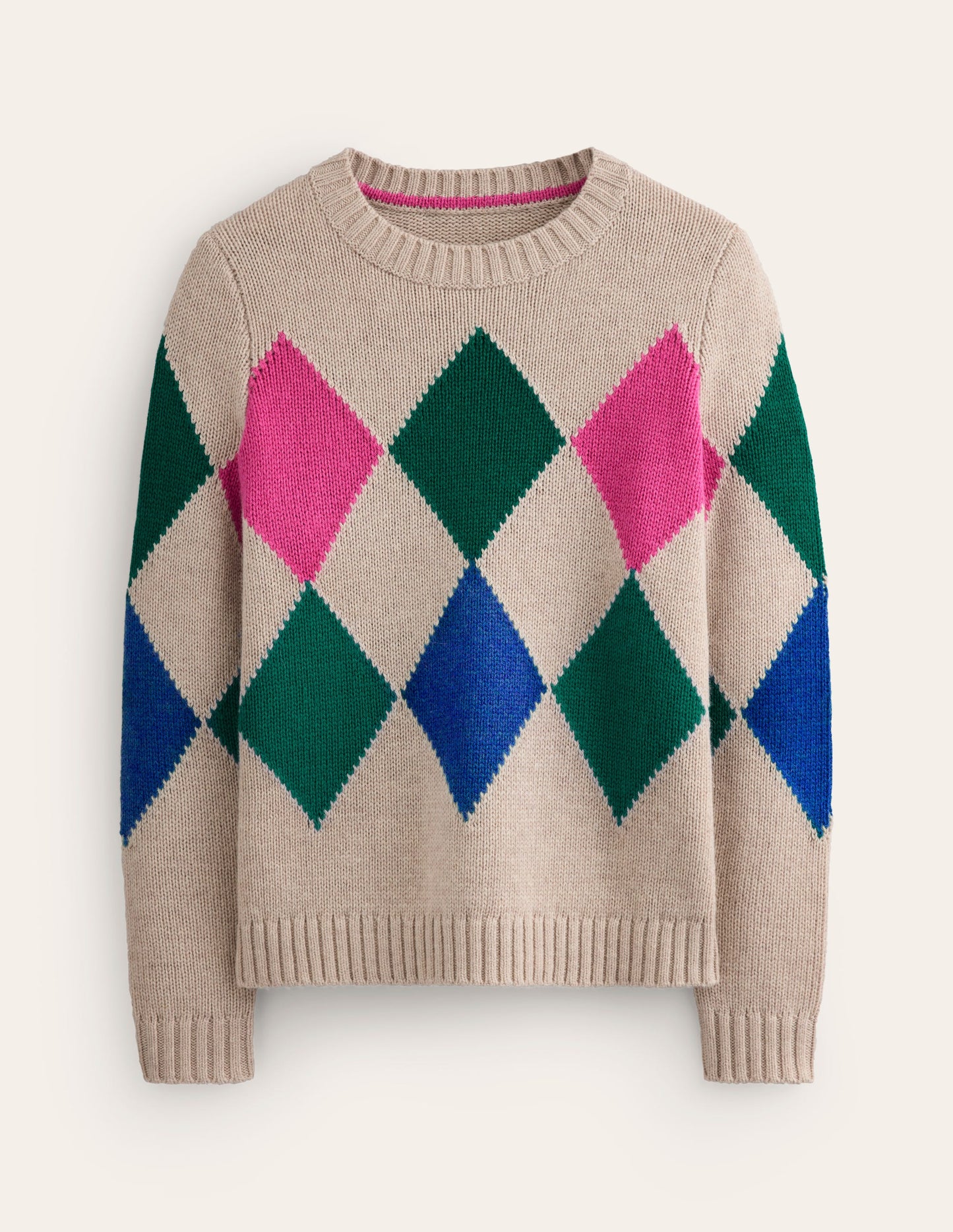 Argyle Crew Neck Jumper-Camel Melange, Multi