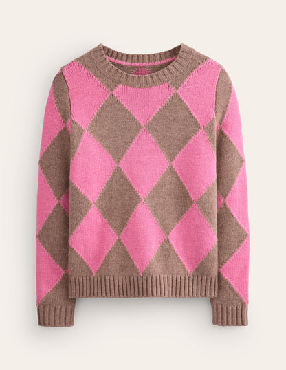 Argyle Crew Neck Sweater-Mink Melange, Pink