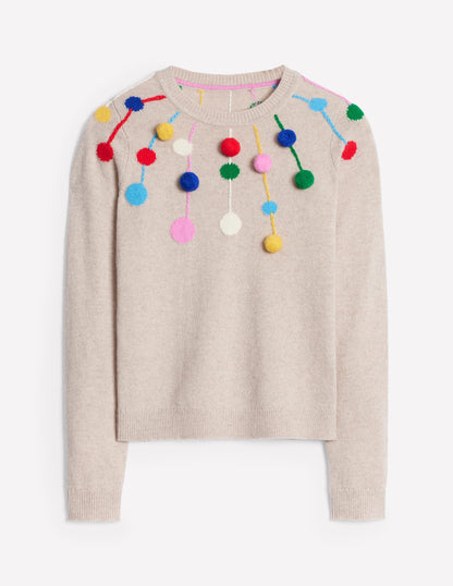 Pom Pom Jumper-Oatmeal, Multi Poms