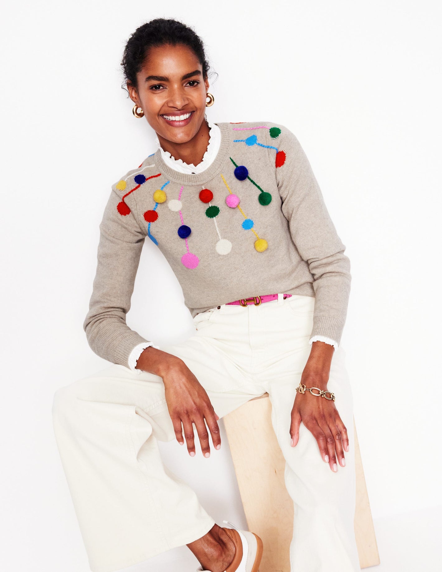 Pom Pom Jumper-Oatmeal, Multi Poms