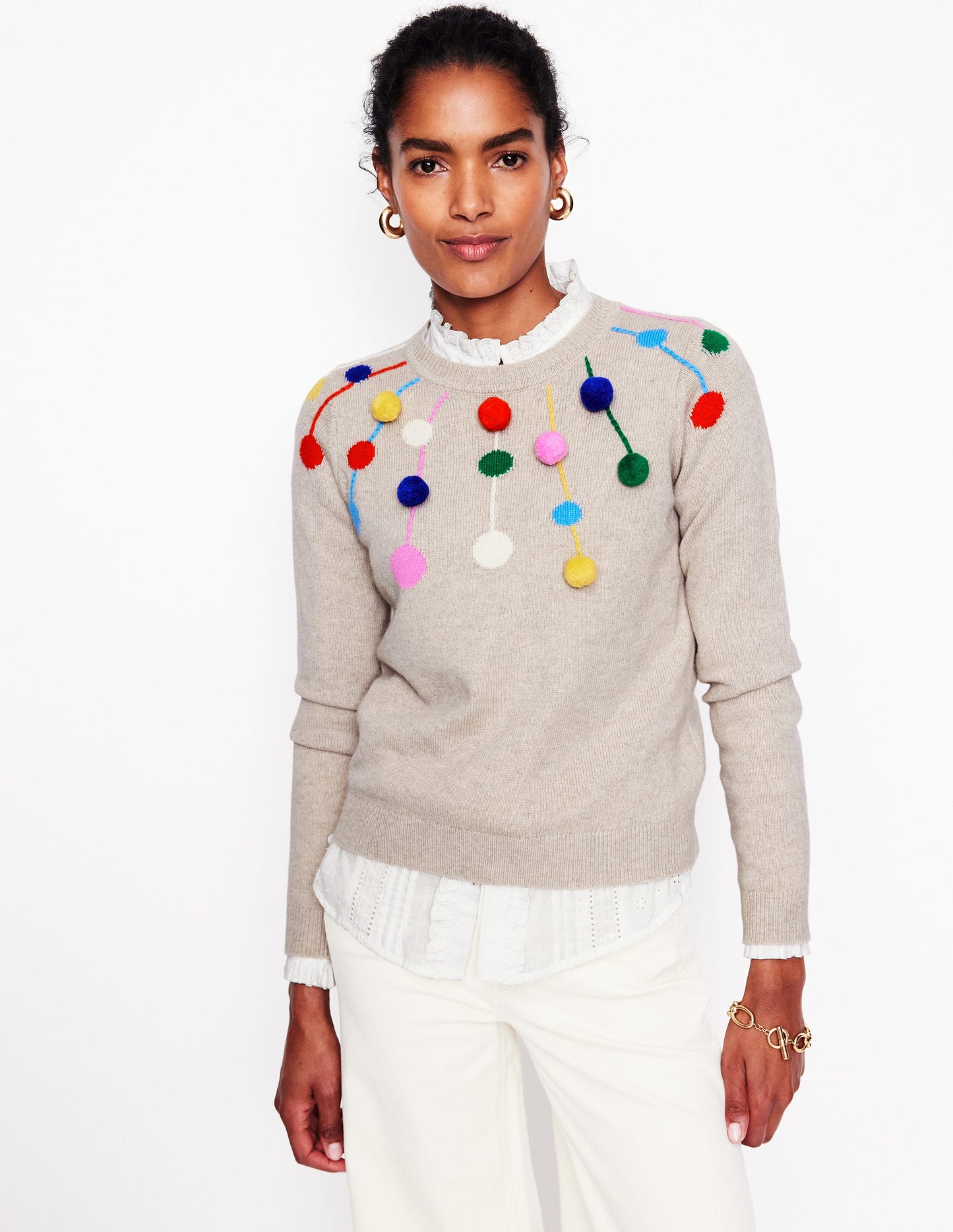 Pom Pom Jumper-Oatmeal, Multi Poms