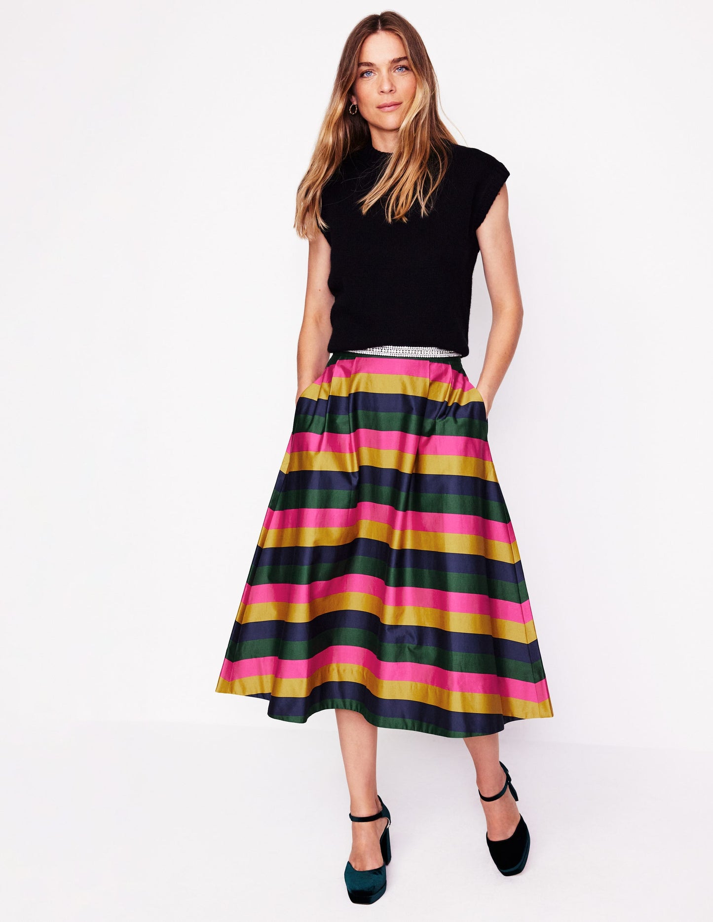 Isabella Cotton Sateen Skirt-Pine, Multi Stripe