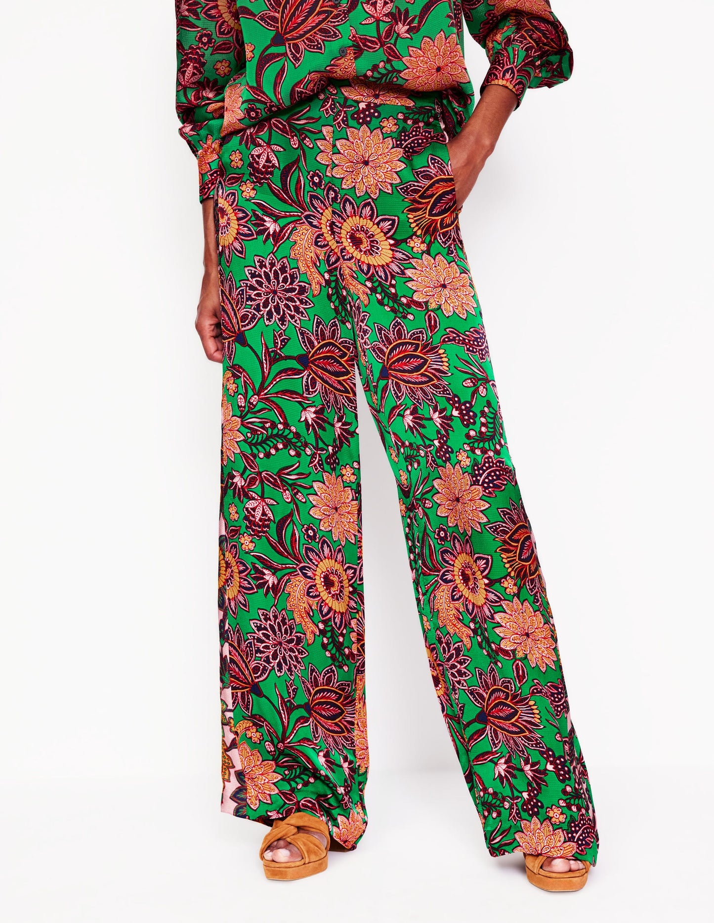 Wide Leg Pull-on Pants-Rich Emerald, Ornate Bud