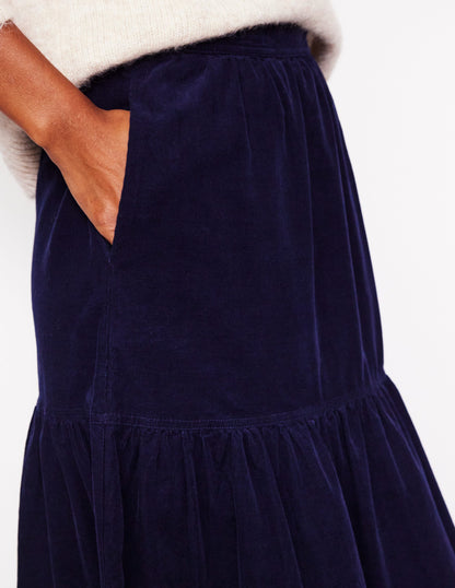 Viv Cord Tiered Maxi Skirt-Navy