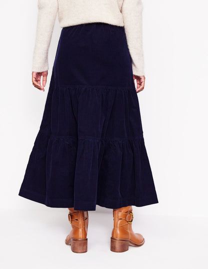 Viv Cord Tiered Maxi Skirt-Navy