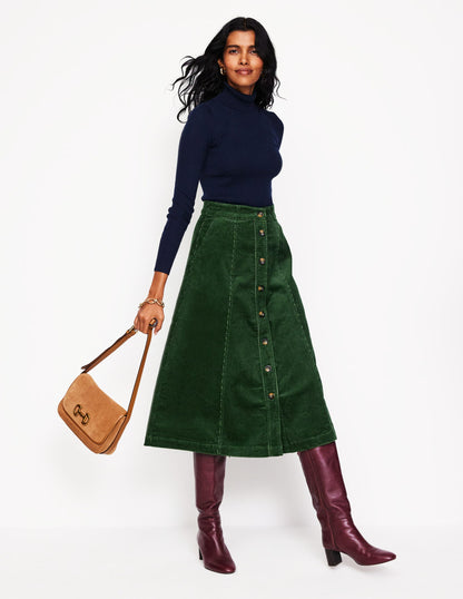 Davina Cord Midi Skirt-Winter Green