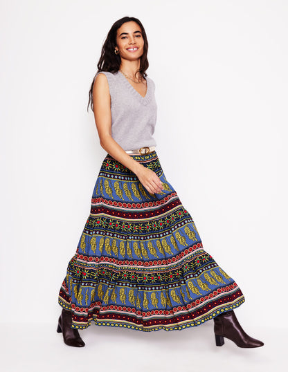 Viv Crepe Tiered Maxi Skirt-Denim Blue, Tiger Border