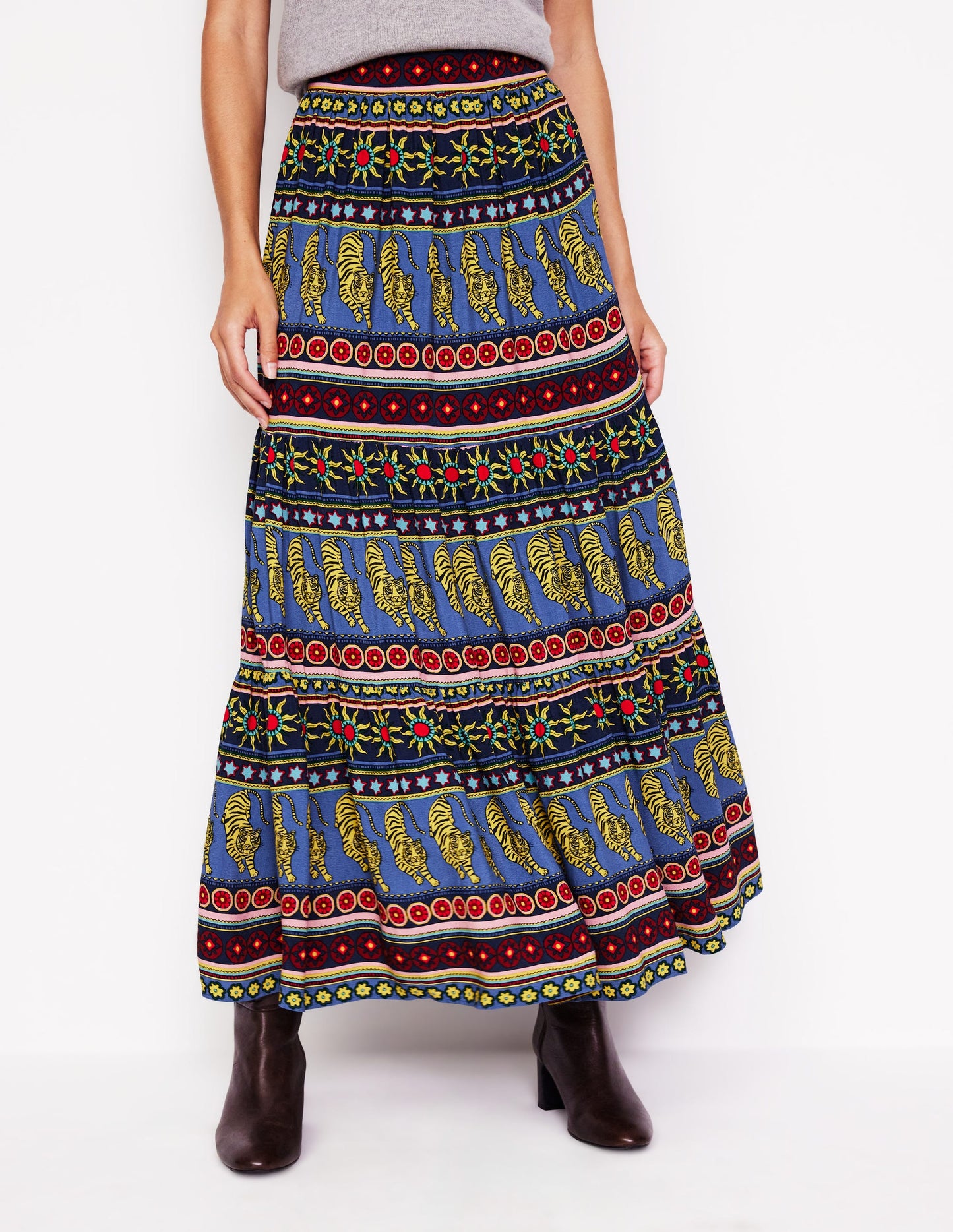 Viv Crepe Tiered Maxi Skirt-Denim Blue, Tiger Border